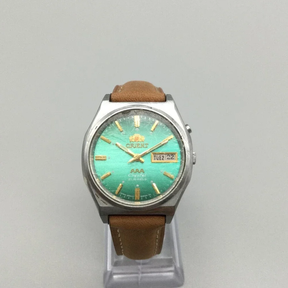 Vtg Orient AAA Crystal 21 Jewels Mens Watch 34mm Green Dial Automatic Leather